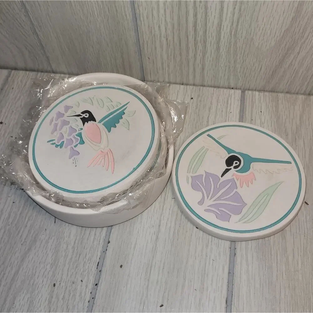 Vtg Southwestern Hummingbird Ceramic Coaster Set Of 4 NWOT Coastal Boho